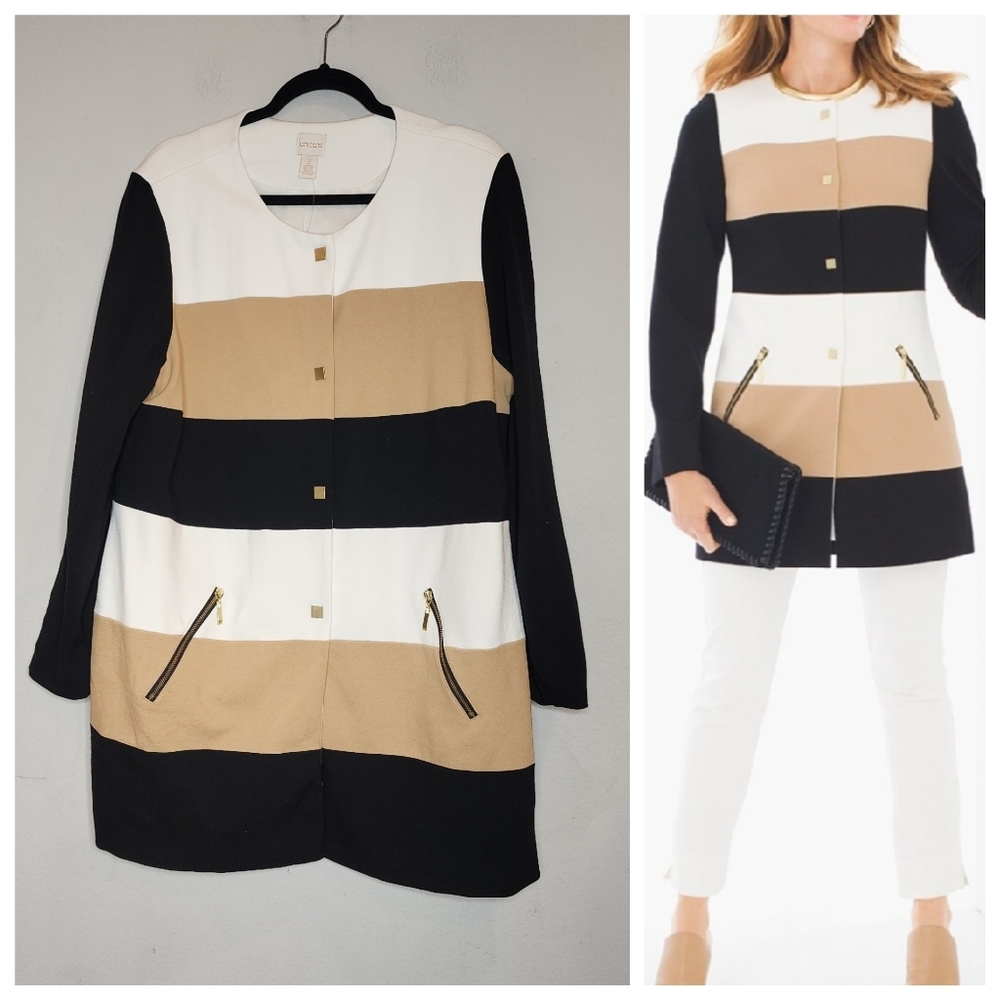 Chico's Stripe Colorblock Neutral Statement Ponte Snap Button Jacket Size 3 XL